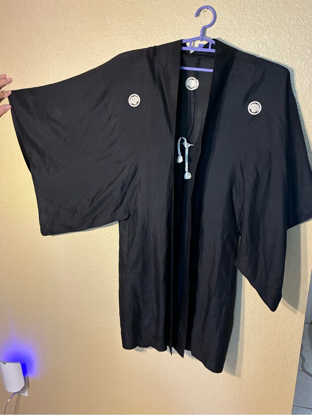 Women’s Black Open Kimono-Style Jacket with Crest Emblems
